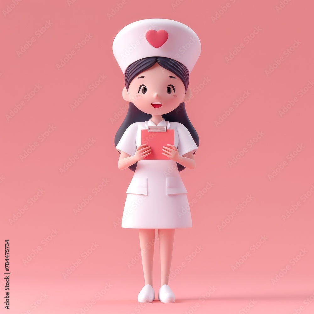 A cute 3D cartoon illustration of a smiling nurse wearing a white uniform and hat with a red heart on it. She is holding a clipboard in her hands. A cute 3D cartoon illustration of a smiling nurse wearing a white uniform and hat with a red heart on it. She is holding a clipboard in her hands.