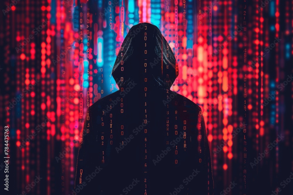 A dark figure in a hoodie stands in front of a red and blue binary code background.