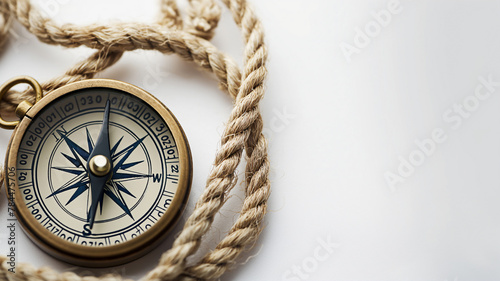 Classic compass with a brass finish entwined by a thick rope on a white surface. photo