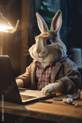 A rabbit sitting at a desk with a laptop