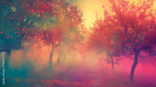 Mystical orchard with colorful, foggy ambiance and trees laden with fruit.