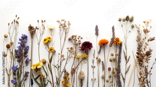 Assorted dried flowers and botanicals arranged neatly on a white surface. © Ritthichai