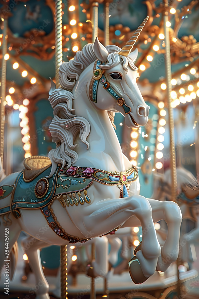 Enchanting Carousel Creature in Whimsical Fairytale Amusement Park Scene