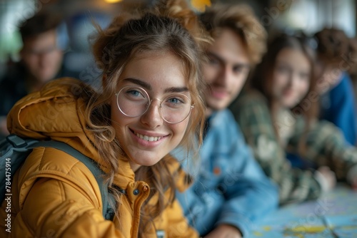 A smiling young woman with glasses and friends in the background, possibly planning a journey