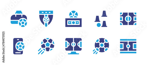 Soccer icon set. Duotone color. Vector illustration. Containing football, stadium, smartphone, soccer, badge, soccer ball, soccer field, sport bag.