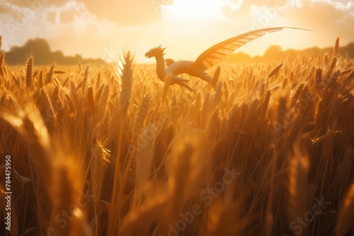 **A sun-kissed field of golden wheat swaying in the breeze, with a graceful dragon soaring gracefully overhead