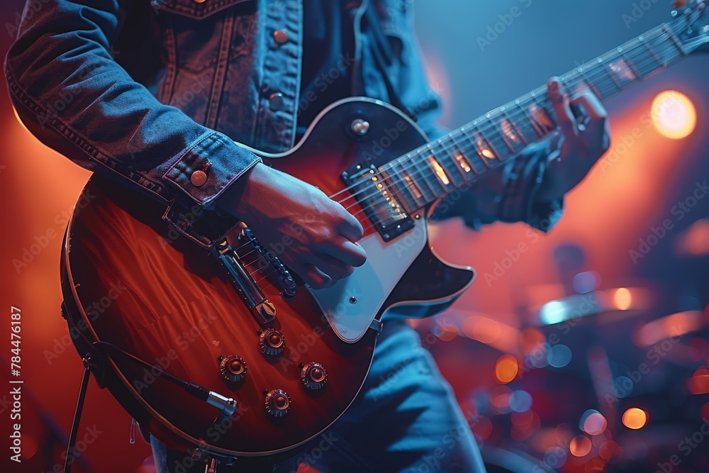 Obraz premium Close-up of a guitarist masterfully shredding on an electric guitar amidst theatrical stage lighting at a concert