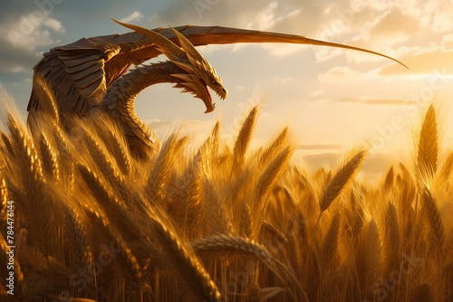 **A sun-kissed field of golden wheat swaying in the breeze, with a graceful dragon soaring gracefully overhead