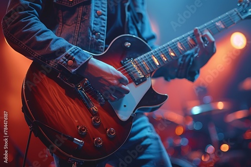 Close-up of a guitarist masterfully shredding on an electric guitar amidst theatrical stage lighting at a concert