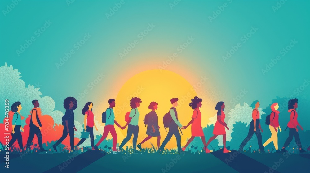 A group of diverse people walking together towards a bright future.