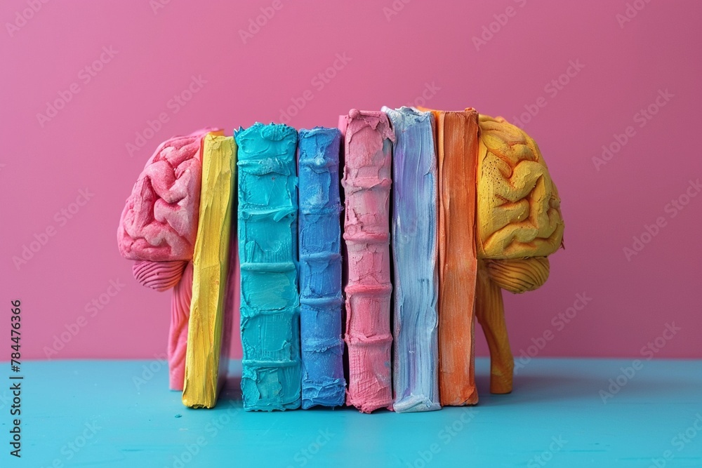 Pastel bright D rendered books in clay style, symbolizing brain and knowledge enhancement, colorful and vibrant
