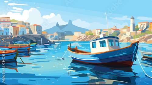 Picturesque village harbor with colorful fishing bo