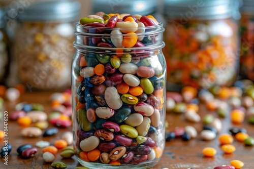 A jar of multicolored beans.