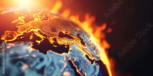 Earth globe under the extreme heat of the sun  the world burning into flame  destroyed by fire  conceptual illustration of global warming  temperature increase and climate change disaster