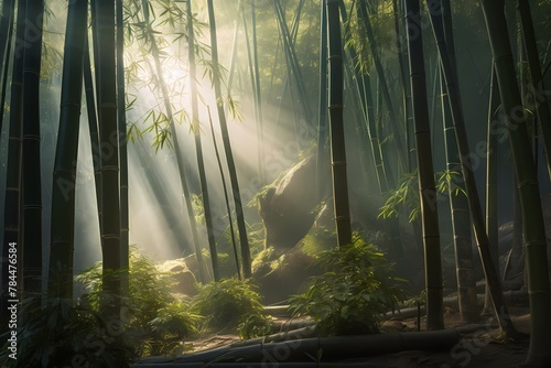 **A tranquil bamboo forest bathed in soft sunlight, where a graceful dragon roams freely among the swaying stalks ©  ALLAH LOVE