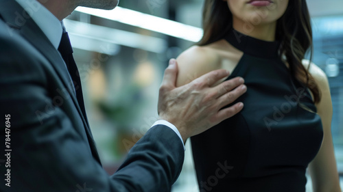 Harassment at work, woman sad angry terrified scared afraid, man, stop no, pressure unhappy male abuse touch hand, flirting bullying uncomfortable job.