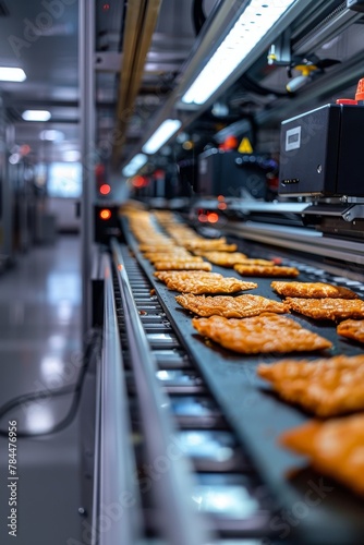 A production line of food moving along a conveyor belt in a factory
