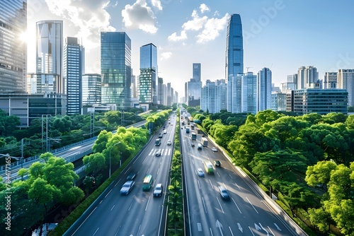 A busy highway with cars and a city skyline in the background. The city is bustling with activity and the cars are moving at a fast pace