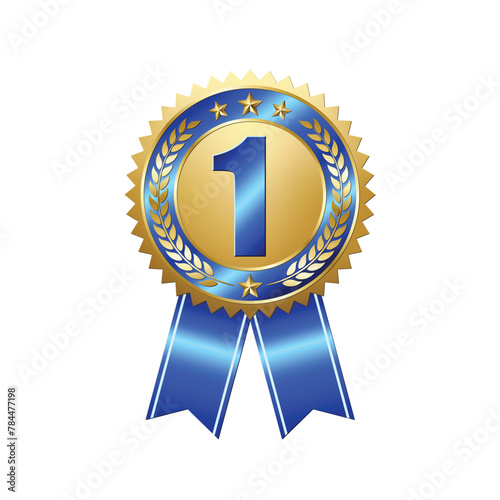First prize gold medal on isolated white background. Award badge with blue ribbon. Champion symbol of victory in competitive games. Vector illustration.