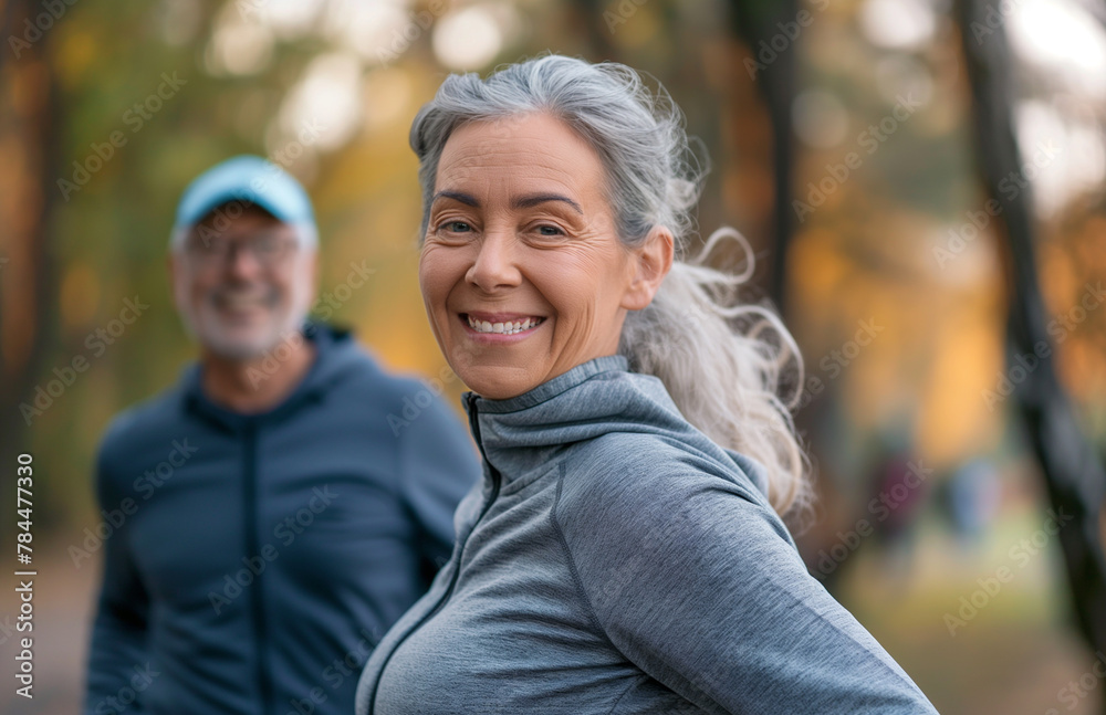 Active senior couple enjoying a jog in a forest park, focus on smiling woman with man in background.