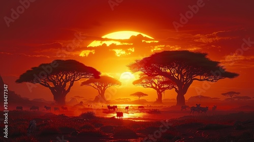   A collection of animals atop a verdant field beneath a scarlet sky  with the sun setting behind