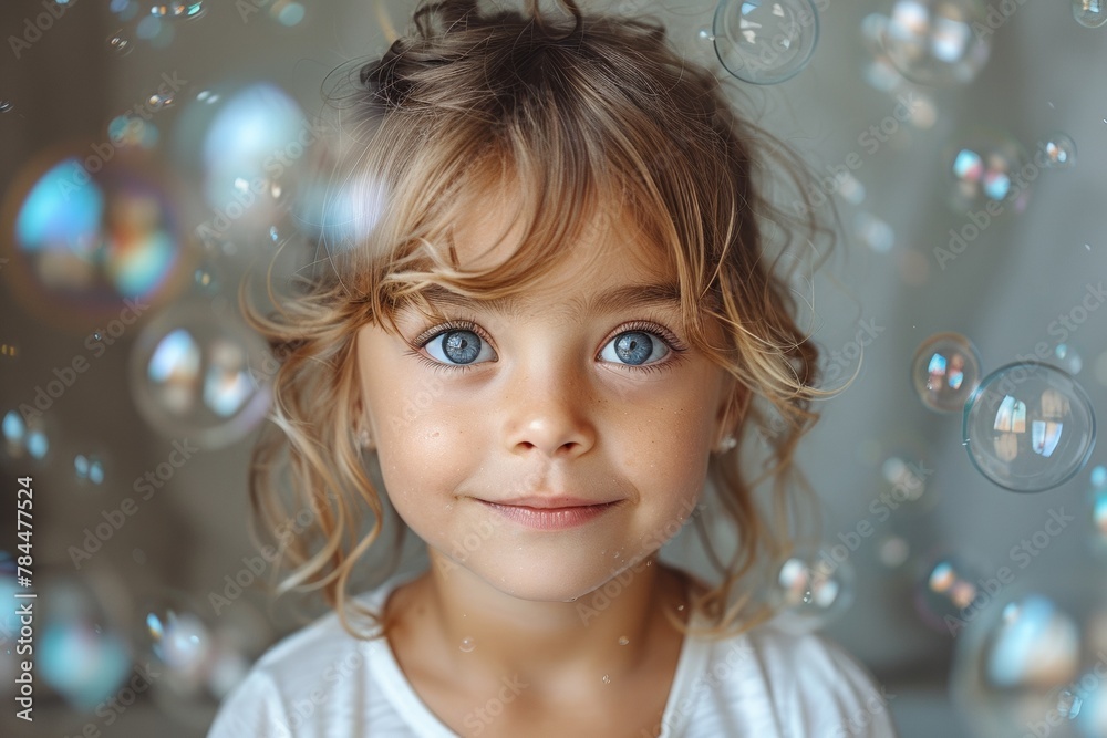 A delightful girl with curly hair blowing bubbles on a sunny day, radiating positivity.