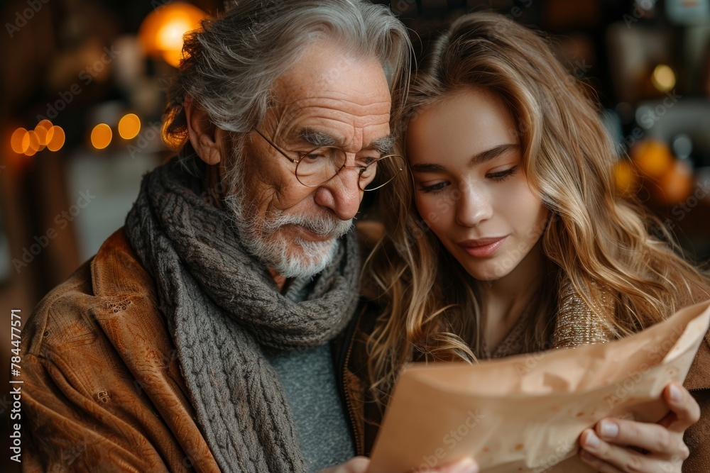 An elegant senior grandfather smiles happily, outdoors with his attractive adult granddaughter. An elegant senior grandfather smiles happily, outdoors with his attractive adult granddaughter.