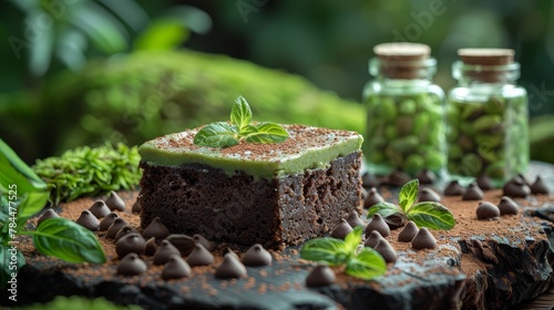  A chocolate cake sits atop a weathered wooden table, accompanied by a jar of chocolate chips and mints nearby