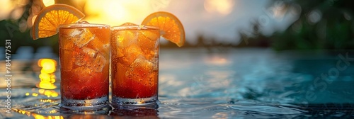 A peaceful lake view pairs perfectly with a refreshing cocktail adorned with ice and orange slice. photo