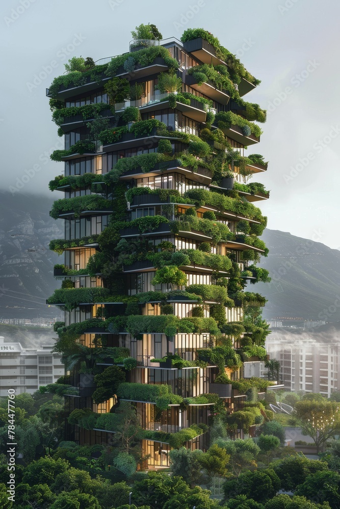 An extremely tall skyscraper covered in lush greenery.