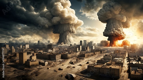 terrible huge nuclear bomb explosion city. photo