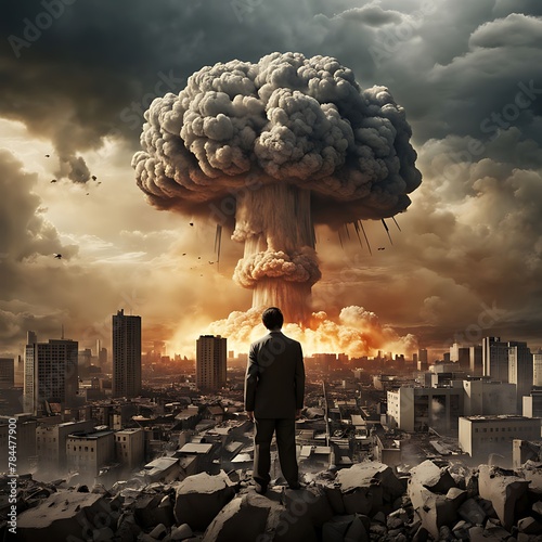terrible huge nuclear bomb explosion city.