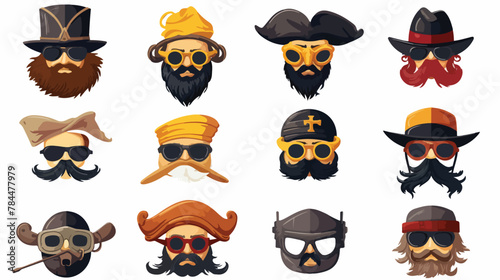 Pirate face masks for carnival flat item set. cartoon