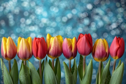 A row of colourful tulips stands tall, their petals ranging in hues from deep reds to bright yellows. Each flower, fresh and lively, contrasts beautifully against the shimmering blue backdrop,