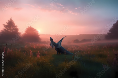 **A tranquil meadow at sunrise, with a majestic dragon spreading its wings in the first light of dawn