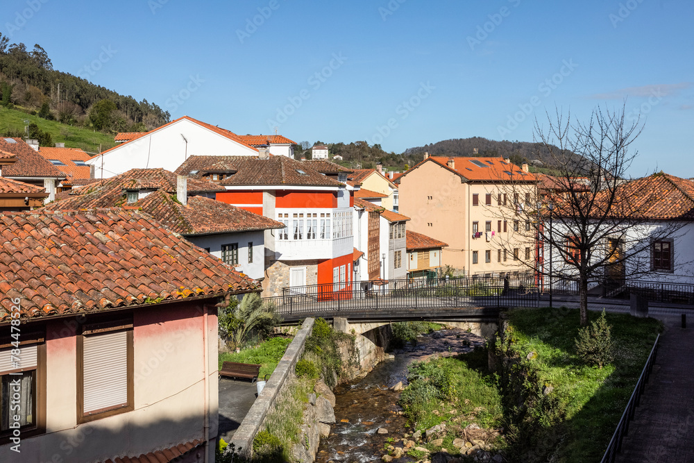 Cityscape of Salas in Asturias. The typical bridge and river. Spain