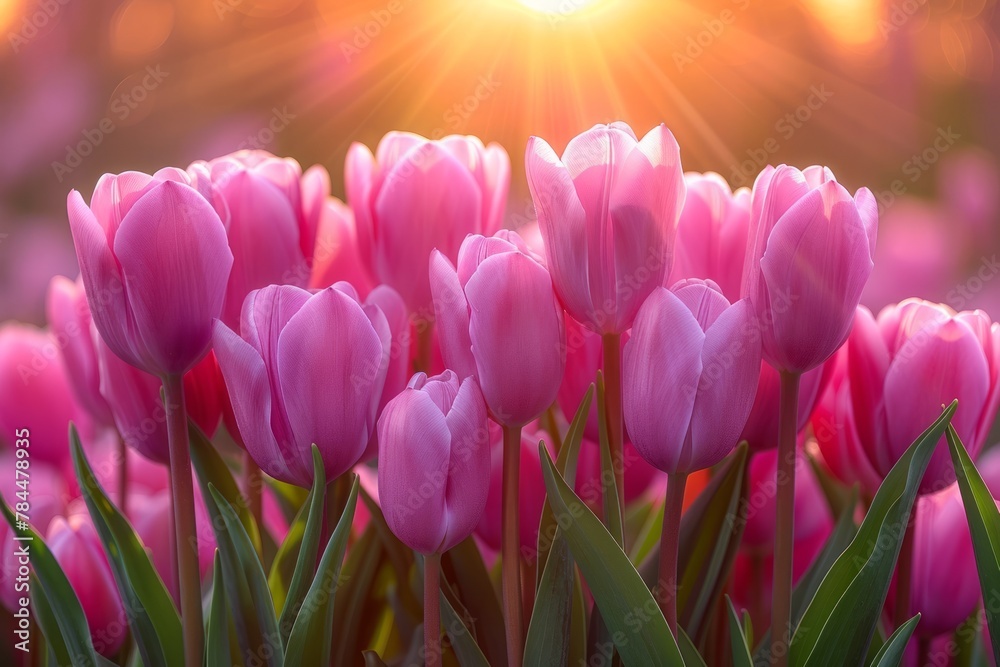 A cluster of vibrant pink tulips stands tall, bathed in the golden glow ...