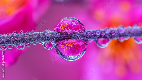 Macro photo of plants and flowers with water drops, Bokeh, infrared, neon, multicolored. Close-up. 