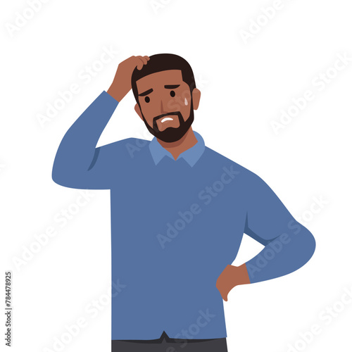 Young man character Confused in Casual wear scratching his head. Unhappy man in puzzled expression. Flat vector illustration isolated on white background