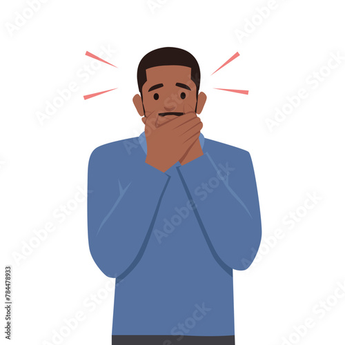 Young man character Keep a secret be quiet concept. keeping mouth shut. Flat vector illustration isolated on white background