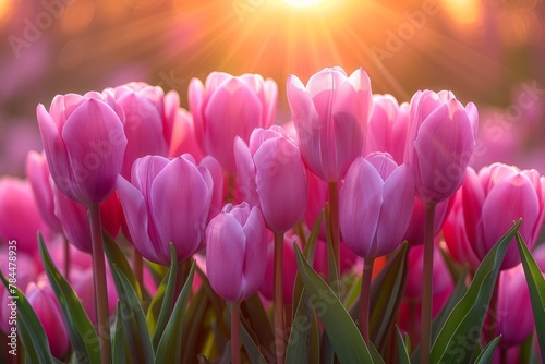 A cluster of vibrant pink tulips stands tall, bathed in the golden glow of a setting sun which pierces through the petals, highlighting their soft texture and creating a tranquil garden scene