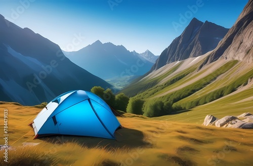 A tent against the backdrop of the mountains. The concept of resting in nature in a tent  fresh air  traveling. 