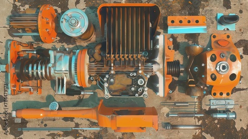 An engine disassembled on the workshop floor, each part laid out for inspection and repair, seen in detailed closeup