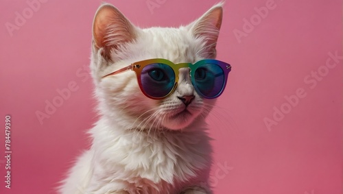 Illustration of a playful kitten flaunts rainbow-hued mirrored sunglasses against a lively pink background.