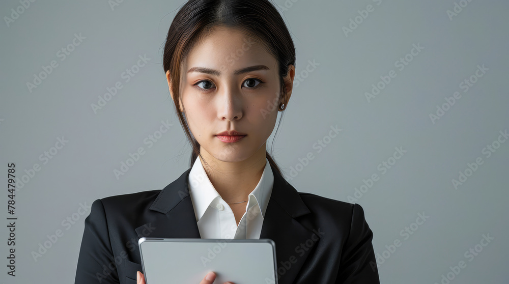 Asian businesswoman in black suits holding smart tablet pad isolated on gray background. Concept of business, finance, professional, profession, occupation, employee boss employer. Copy space for text Asian businesswoman in black suits holding smart tablet pad isolated on gray background. Concept of business, finance, professional, profession, occupation, employee boss employer. Copy space for text