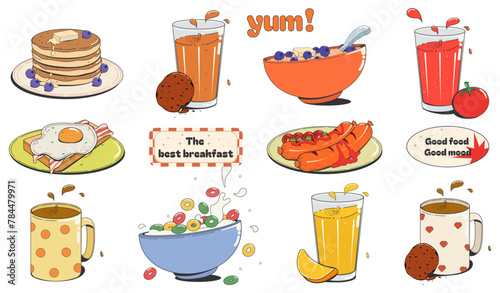 Big meal set:coffee, chocolate biscuits, fried eggs with bacon, fried sausages with ketchup, pancakes, tomato and orange juice, porridge with berries, cereals with milk, cocoa.Isolated. Vector.