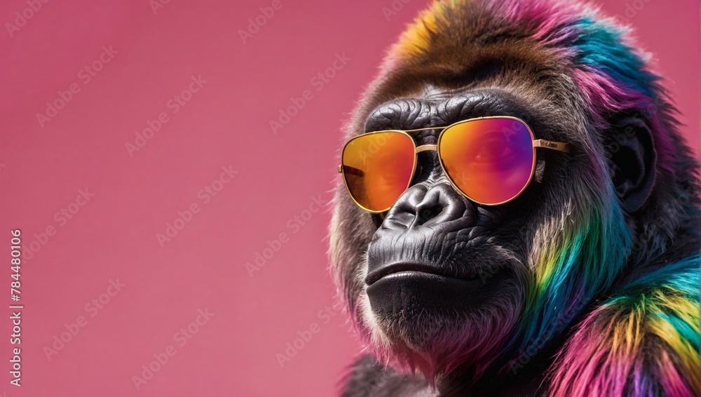 Illustration of a groovy gorilla flaunts rainbow-hued mirrored sunglasses against a lively pink background.