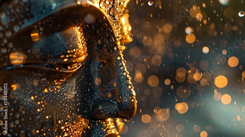 A close-up of shimmering water beads on a Buddha statue during Songkran