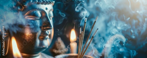 A close-up of incense sticks burning slowly beside a Buddha statue during the bathing