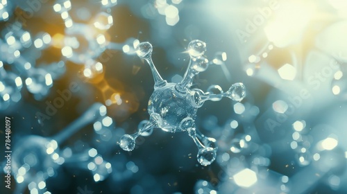 3D illustration of a molecule structure with translucent orbs and connecting rods on a luminous blue background.